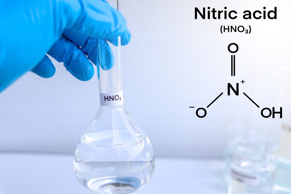 A gloved hand holds a flask containing a clear liquid with a label saying "Nitric acid (HNO3)" and its chemical structure depicted on the right, in a laboratory setting.