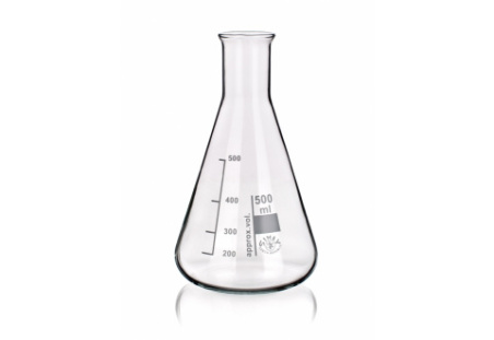 A 500 ml glass Erlenmeyer flask on a white background. The flask has graduation marks along the side indicating volume measurements in milliliters, with markings at 100 ml, 200 ml, 300 ml, 400 ml, and 500 ml.