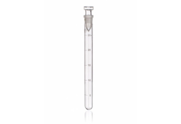 A clear, cylindrical glass test tube with a small lip at the top and measurement markings along the side, ranging from 0 to 25 milliliters. The test tube is standing upright against a plain white background.