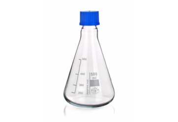 A clear, conical Erlenmeyer flask with a blue screw cap. The flask is marked with measurement lines indicating up to 500 milliliters. It is empty and isolated on a white background.