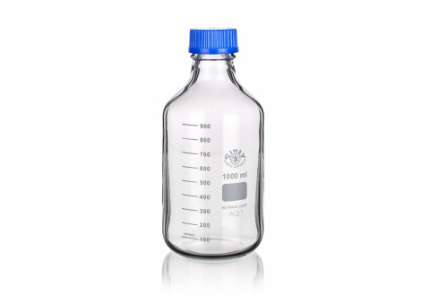 Zimax brand laboratory glass bottle with blue lid