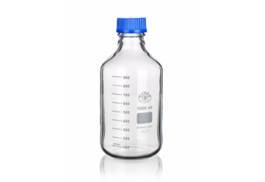 Clear glass bottle with a blue screw cap and 1000 ml capacity. The bottle features measurement markings in milliliters on the side, starting from 100 ml and increasing in increments of 100 ml up to 1000 ml. It has a flat bottom and cylindrical shape.