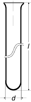 A vertical line drawing of a test tube with a curved bottom. The tube is labeled with two dimensions: 