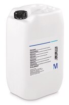 Merck brand lactic acid laboratory glass with information and product identifiers on it