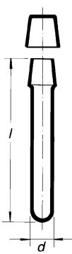 A vertical line drawing of a test tube with a curved bottom. The tube is labeled with two dimensions: 