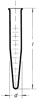 Illustration of a conical test tube with a scale. The test tube has a wide opening at the top that narrows down to a pointed bottom. The length is labeled 