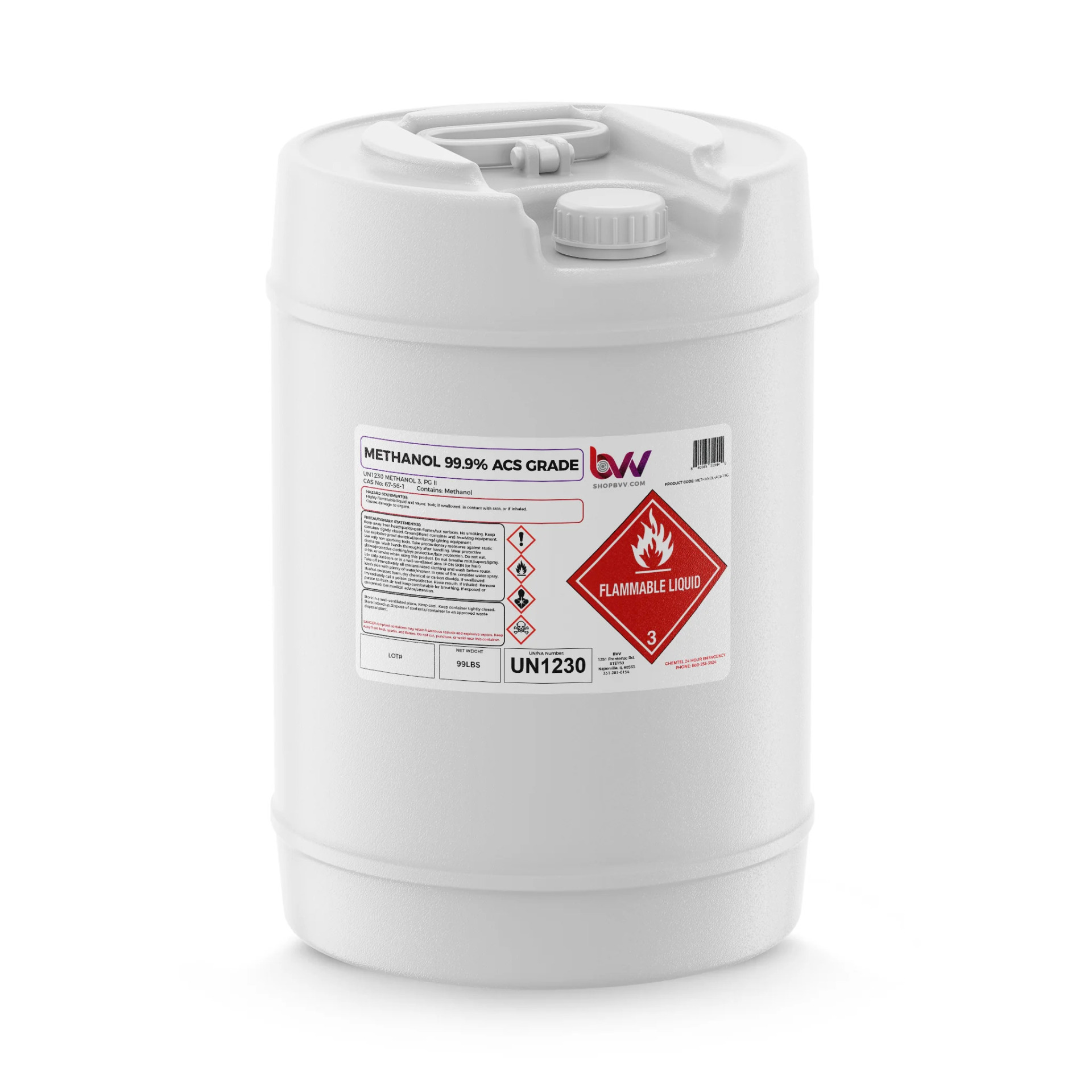  White industrial methanol barrel with product specification label 