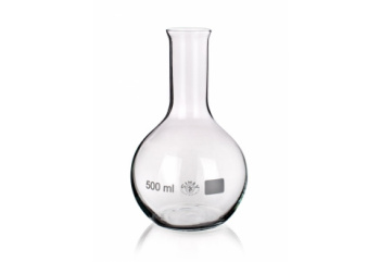 A clear 500 ml glass round-bottom flask with a narrow neck, commonly used in laboratory settings for mixing and heating chemicals. The flask is placed on a white background.