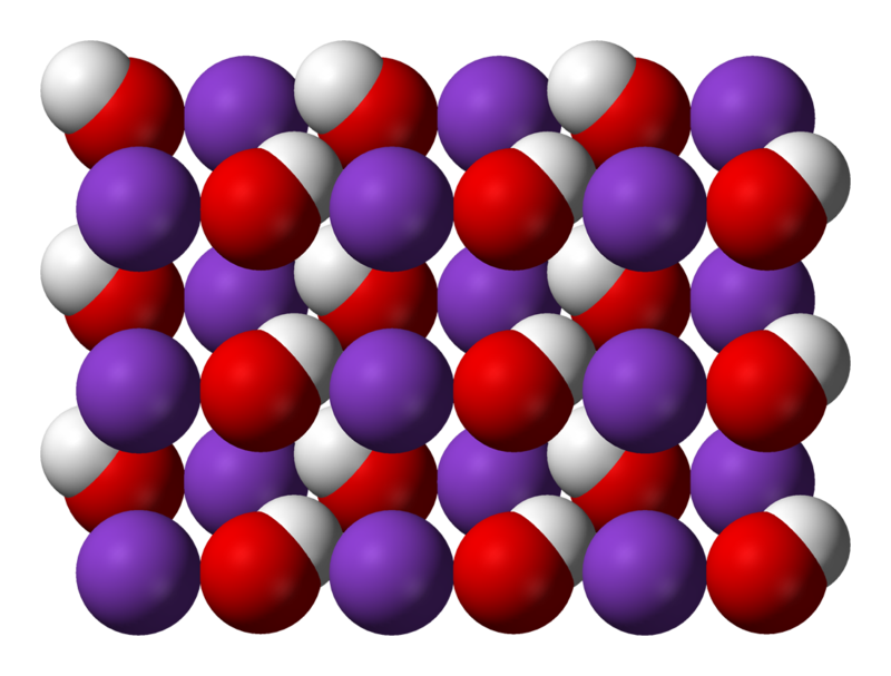  The molecular structure of potassium hydroxide in red and purple colors and in three dimensions 