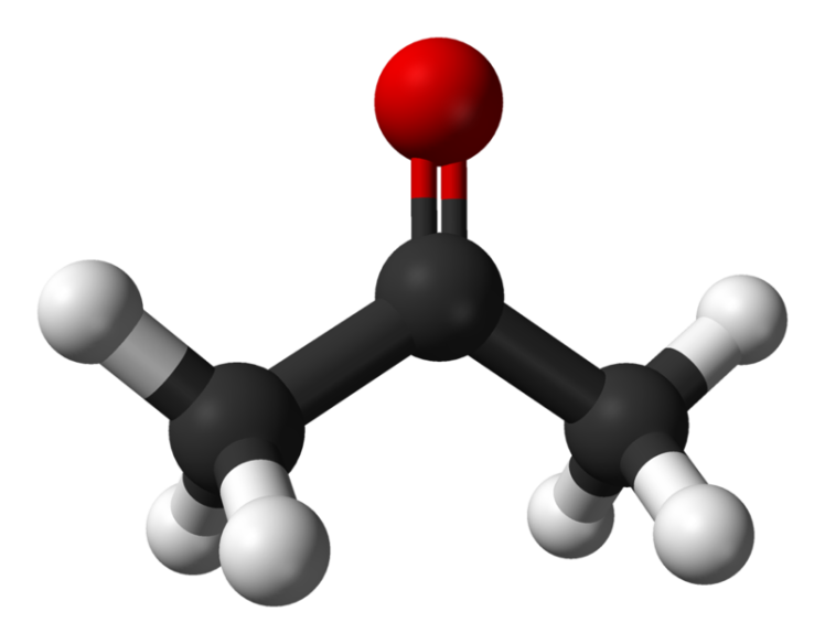 Industrial acetone molecular structure designed in 3D in red and gray colors