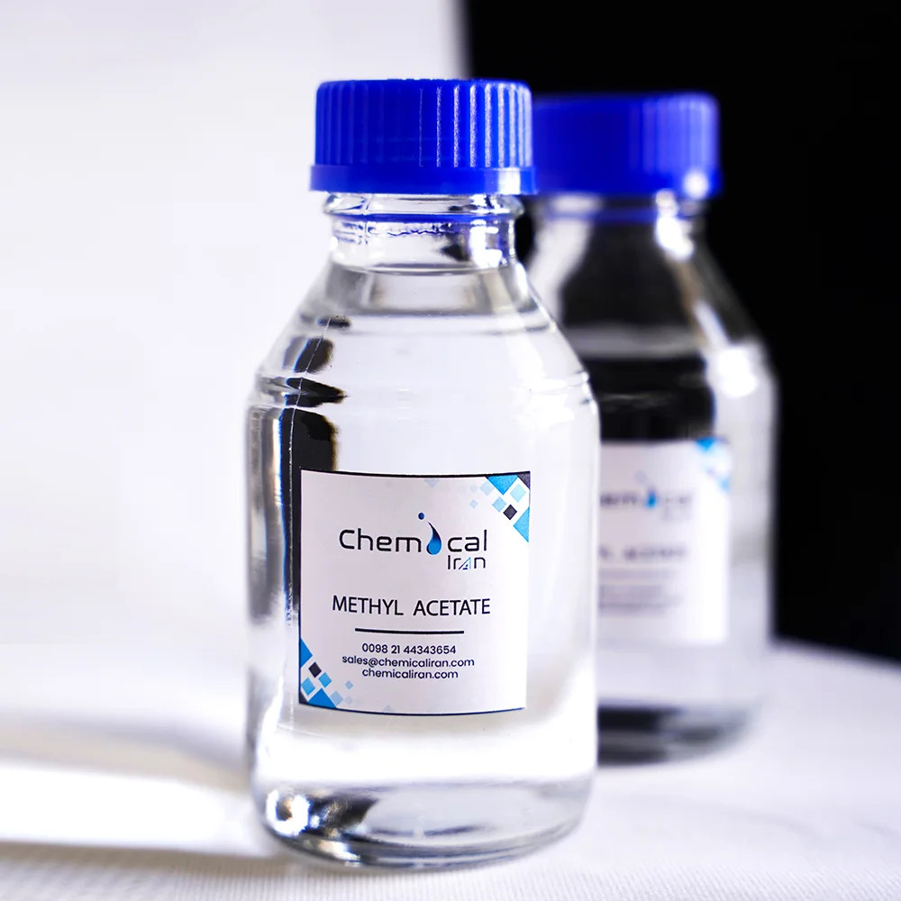  Industrial grade methyl acetate in a clear glass bottle with a blue cap 