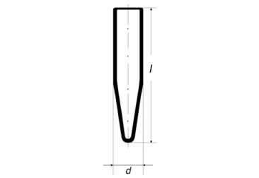 A technical diagram showing a vertical, hollow, symmetric shape with a narrower lower part and a wider upper part. The shape is labeled with dimensions 'l' marking height and 'd' marking bottom width. The lines and measurements suggest a tapering nozzle or pipe.