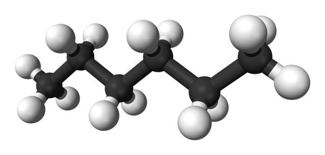  The molecular structure of n-hexane in three dimensions in red and gray colors 