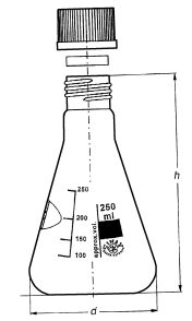 A black-and-white technical drawing of a 250 ml Erlenmeyer flask with measurement lines marked along the side and a detachable cap shown above the flask. The height and diameter of the flask are annotated as 