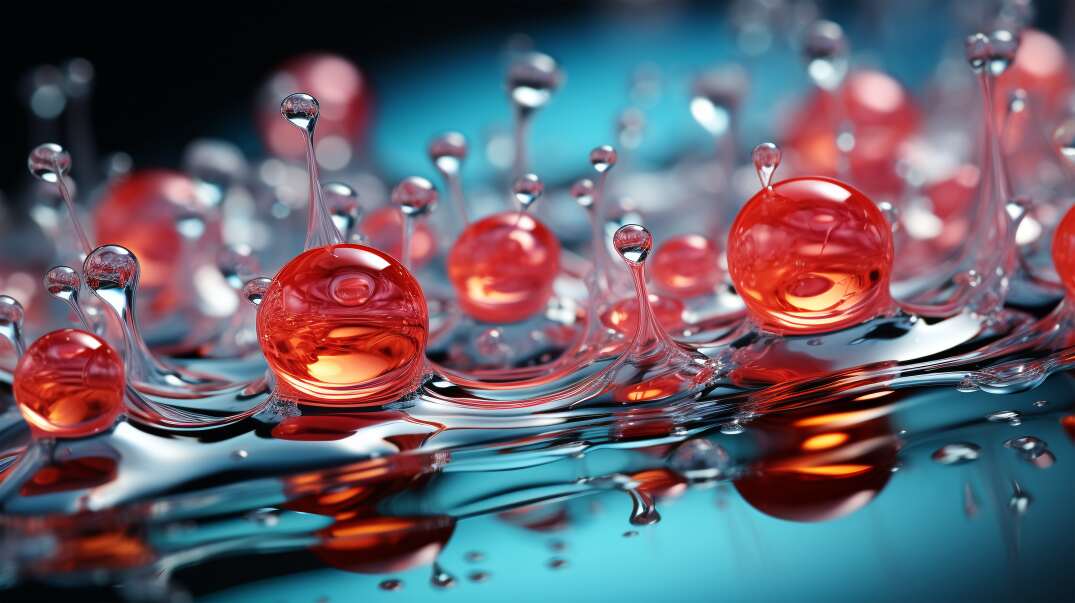 Transparent and red liquid droplets of various sizes suspended and reflecting on a glossy blue surface, creating a dynamic and colorful macro photography scene.