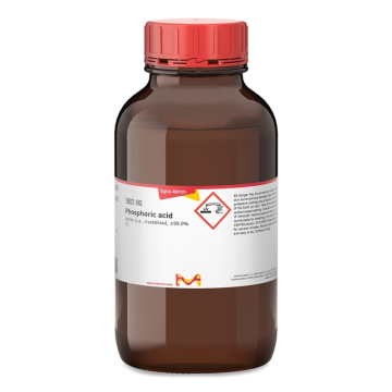 Merck phosphoric acid 85%, which is in an amber brown bottle with a white and red label, technical specifications of the product