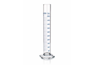 A clear glass graduated cylinder marked with blue measurements in milliliters and an approximate capacity of 500 mL. The cylinder has a hexagonal base for stability.