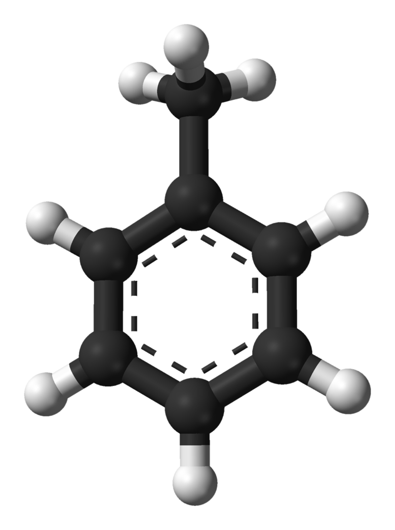  The molecular structure of toluene, which is designed in 3D in gray and gray colors 