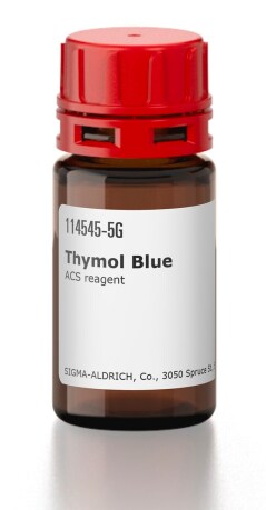 Sigma brand thymol blue in amber glass packaging, with a red lid and a white label containing technical specifications and in a volume of 5 grams.