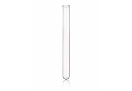 A clear, empty test tube with a rounded bottom and open top, standing upright. The test tube is displayed against a plain white background.