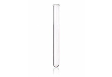 A single, clear glass test tube stands upright against a plain white background. The test tube is empty, cylindrical, and has a round bottom with an open top.