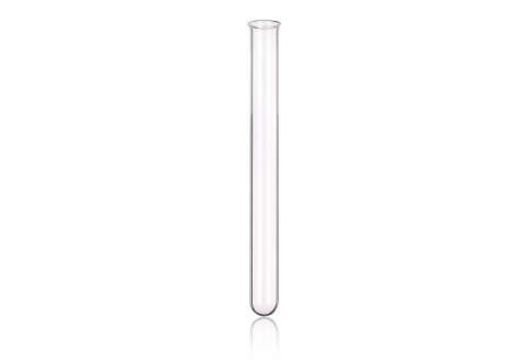 A clear, empty test tube with a rounded bottom and open top, standing upright. The test tube is displayed against a plain white background.