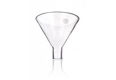 A transparent glass funnel with a wide, conical top and a narrow cylindrical stem. The top has a slight lip, and the glass appears clear and smooth. The funnel is positioned upright against a plain white background.