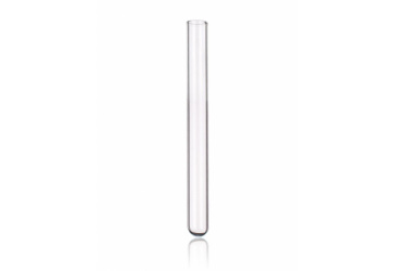 A single, empty, transparent glass test tube is standing upright against a plain white background.