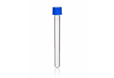 A clear glass test tube with a blue screw cap is standing upright on a white background.