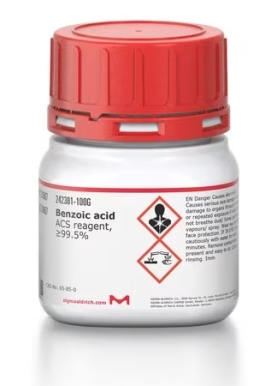 Sigma-Aldrich brand laboratory white bottle containing laboratory benzoic acid with a red lid and product specification label