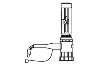 This is a line drawing of a medical device. It features a cylindrical, graduated tube with a plunger mechanism and a cable attached to it. The device seems to be an injector or similar instrument used in medical procedures.