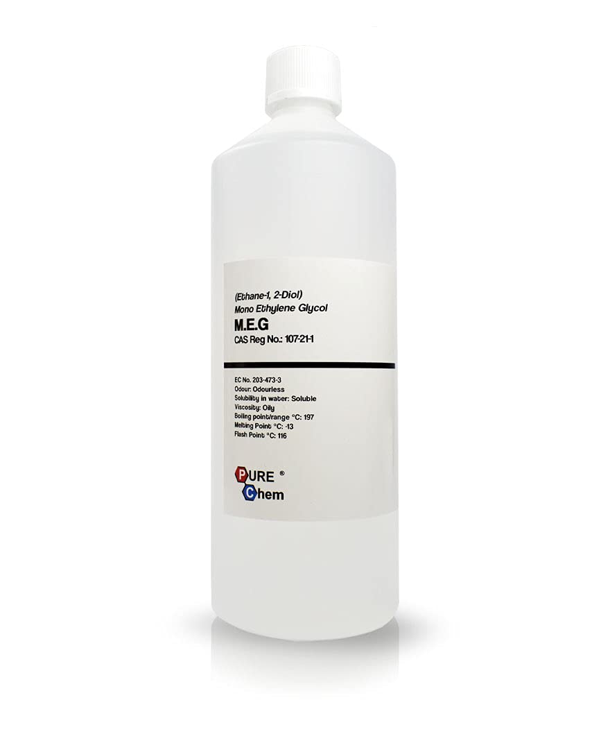 Laboratory grade monoethylene glycol from the Pure Cam brand, which is in a white plastic bottle with a technical specification label.