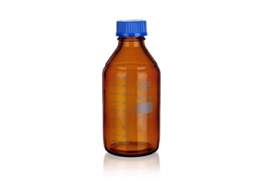 Image of a brown glass bottle with a blue screw cap. The bottle has volume markings in milliliters on the side and a white label area. The bottle is designed for laboratory use and stands upright against a white background.