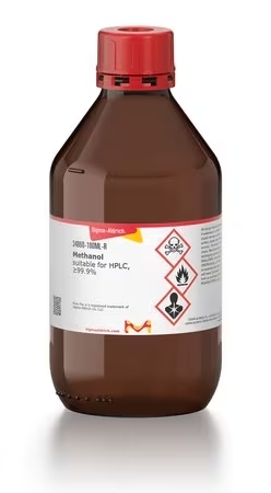 Bottle containing laboratory materials including hplc methanol from Sigma Aldrich brand