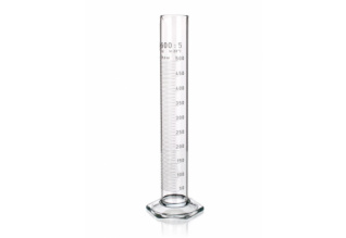 A transparent glass graduated cylinder marked with a 500 mL capacity and measurements in milliliters. The cylinder is standing upright on an octagonal base and is commonly used for precise measurement of liquid volumes in laboratories.