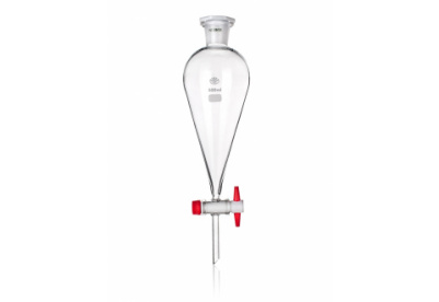 a FUNNEL SEPARATORY CONICAL, ACC with a red stopper attached to it