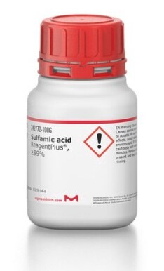 White laboratory bottle from Sigma Aldrich brand containing laboratory sulfamic acid with a red lid and product technical specifications label.