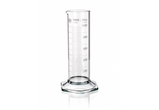 A clear glass graduated cylinder with a 1000 ml capacity is shown. It has measurement markings in milliliters up to 1000 ml and is positioned upright on a transparent base.