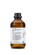 Sulfuric acid 95-97% Merck brand lab glass with information and product identifiers on it