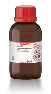 Merck's tetrabutylammonium hydroxide solution in a brown bottle with a red lid and product specification label