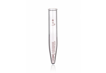 Illustration of a conical test tube with a scale. The test tube has a wide opening at the top that narrows down to a pointed bottom. The length is labeled 