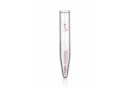 A transparent, cylindrical centrifuge tube with a rounded bottom and measurement markings in milliliters (up to 25 ml) on the side, displayed against a white background.