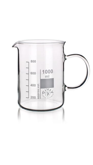 Zimax brand glass laboratory beaker with handle