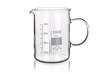 A transparent glass beaker with a handle and a spout. The beaker has measurement markings on the side in milliliters, going up to 1000 ml. It is labeled 