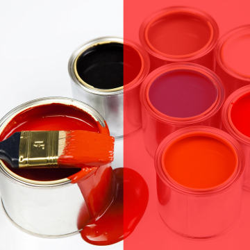 Two images split vertically; on the left, an open paint can with red paint and a brush, on the right, several open cans showing shades of red and orange paint against a red background.